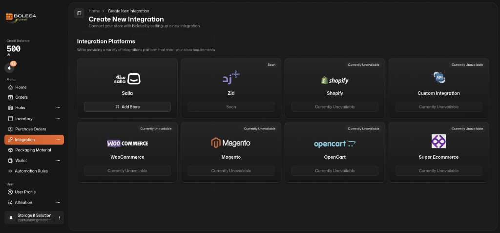 Bolesa WMS create integration screen